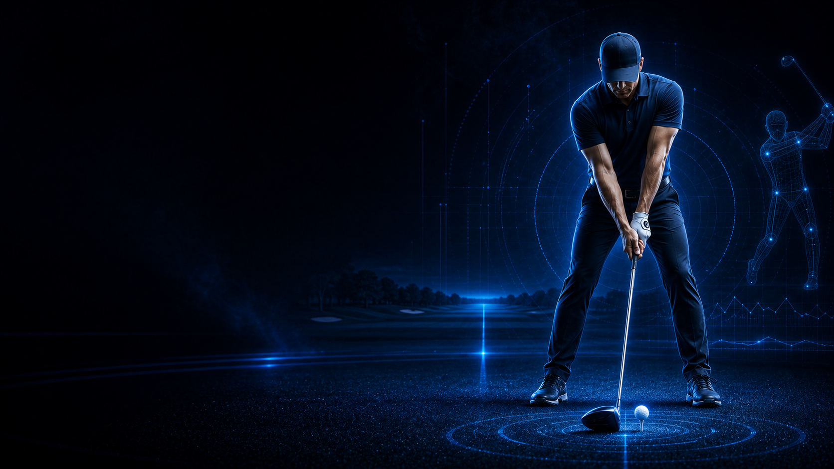 Golfer at address with blue driver-swing telemetry overlays.