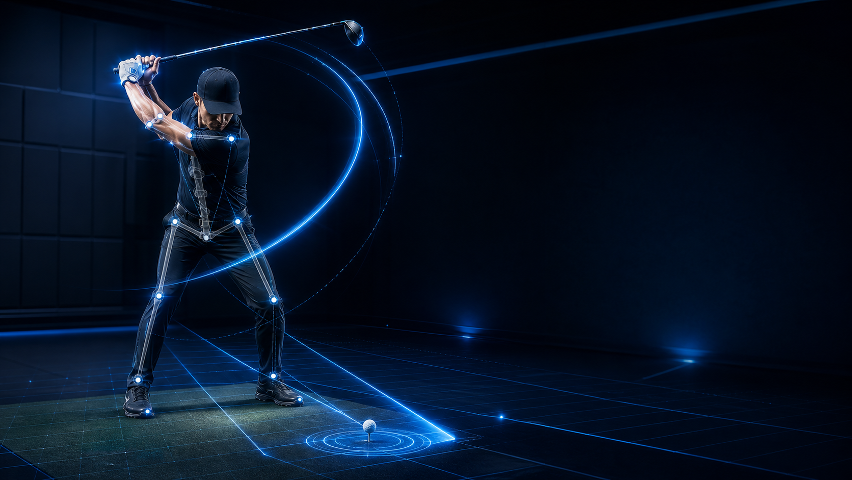 Golfer at the top of the backswing with motion-trace lines showing the driver swing path.