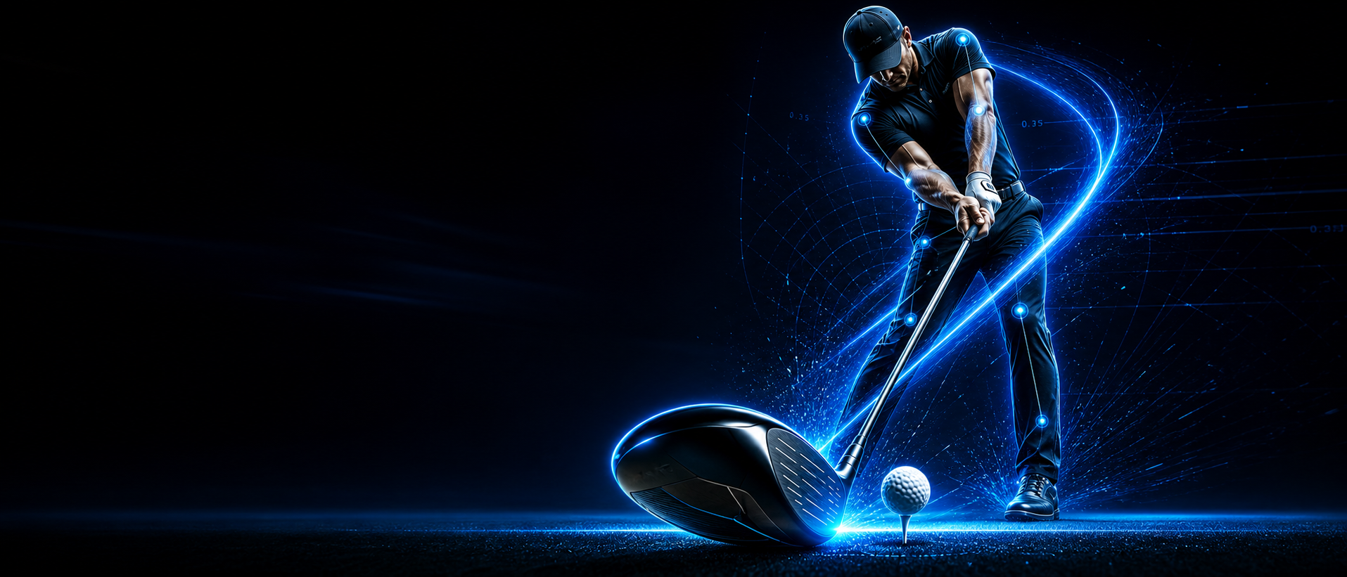 Cinematic golfer at driver impact with blue motion-trace lines.